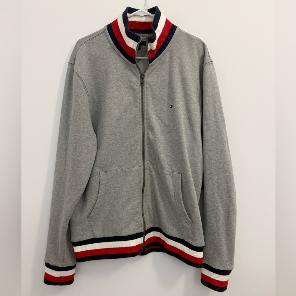 Tommy Hilfiger Men's Gray Bomber Jacket with Red White and Blue Accents